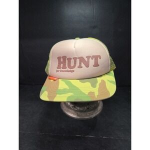 HUNT‎ For Knowledge Trucker Hat, Camo Mesh Snapback Cap, Green Tan Vintage Style